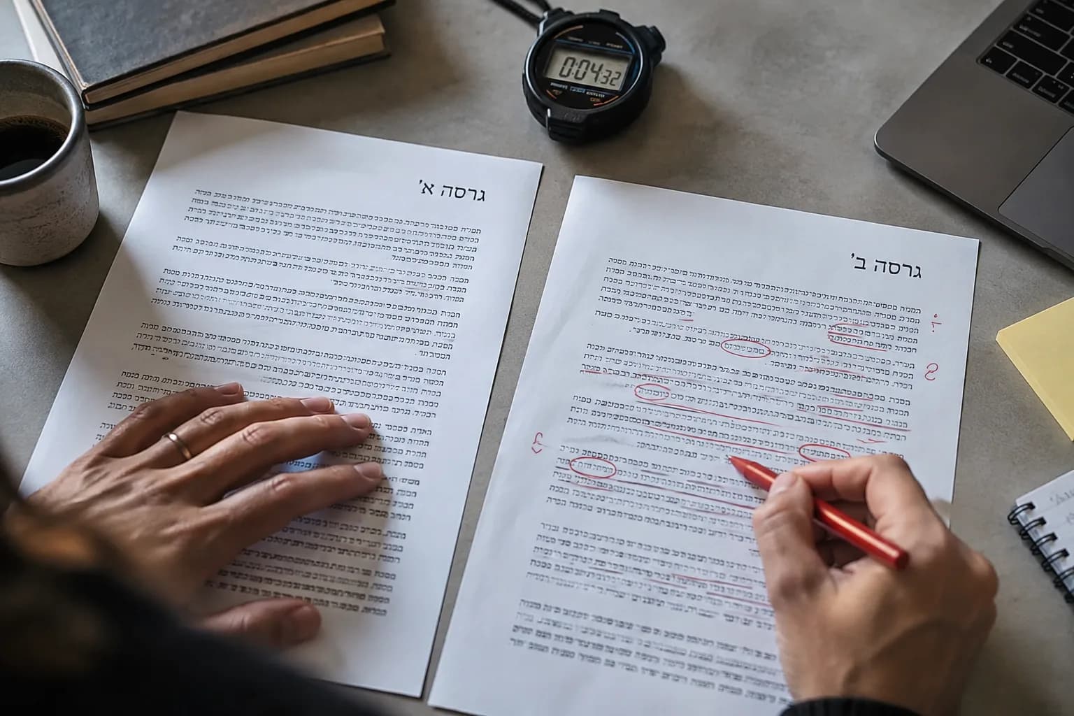 מבט מלמעלה על שולחן בדיקה עם שתי גרסאות מודפסות של מסמך בעברית, סימוני תיקון וסטופר