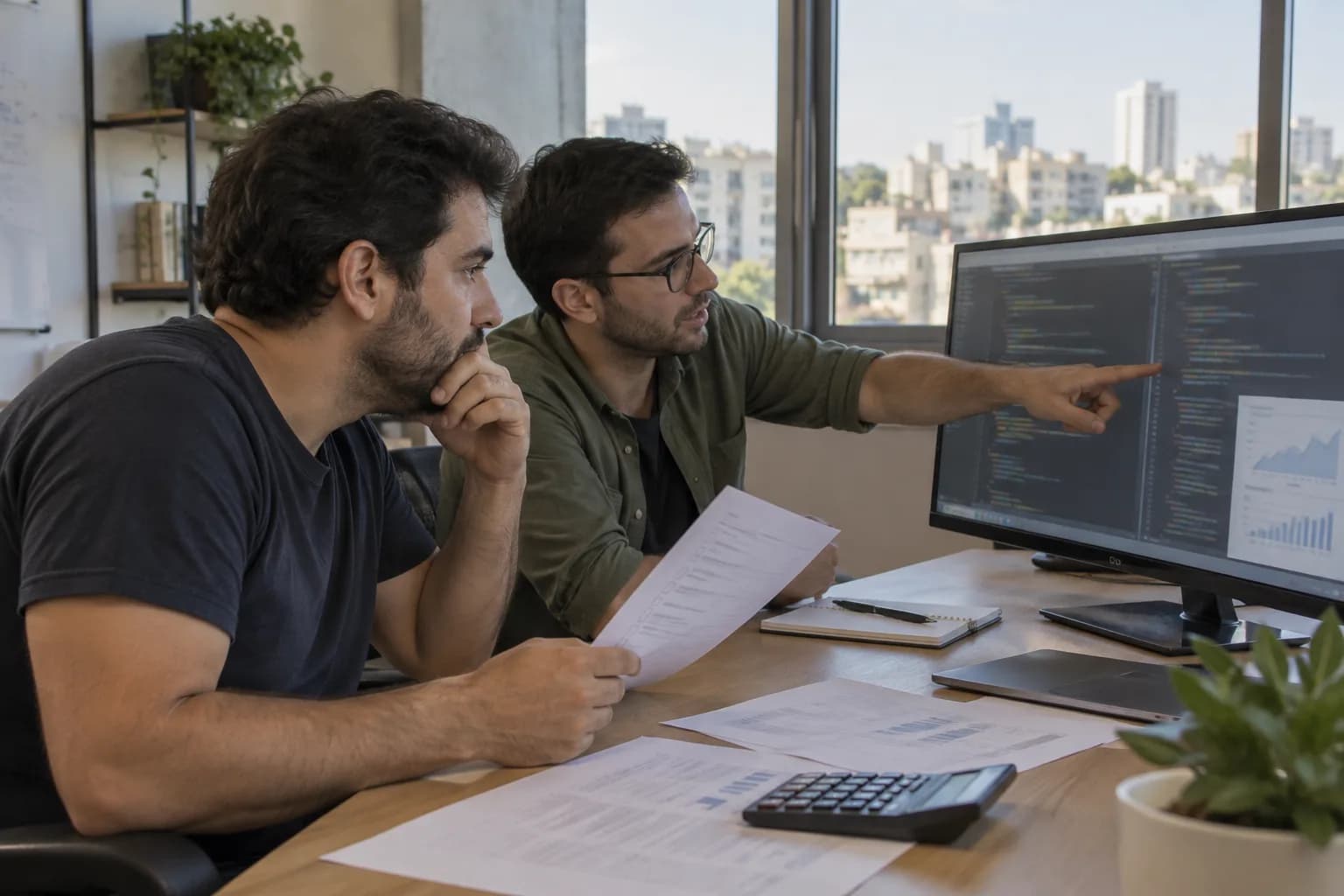 מפתחים במשרד בתל אביב בוחנים שינויי קוד ונתוני ביצועים לצד דפי בדיקה ומחשבון
