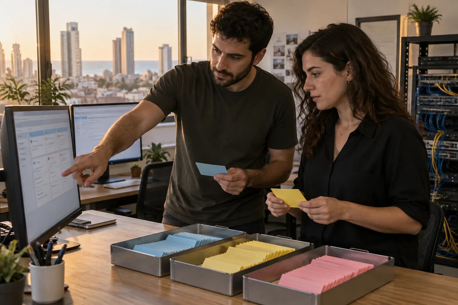מפתחת תוכנה ומנהל שירות ממיינים כרטיסי פניות במשרד לקראת תכנון מערכת ניתוב אוטומטית