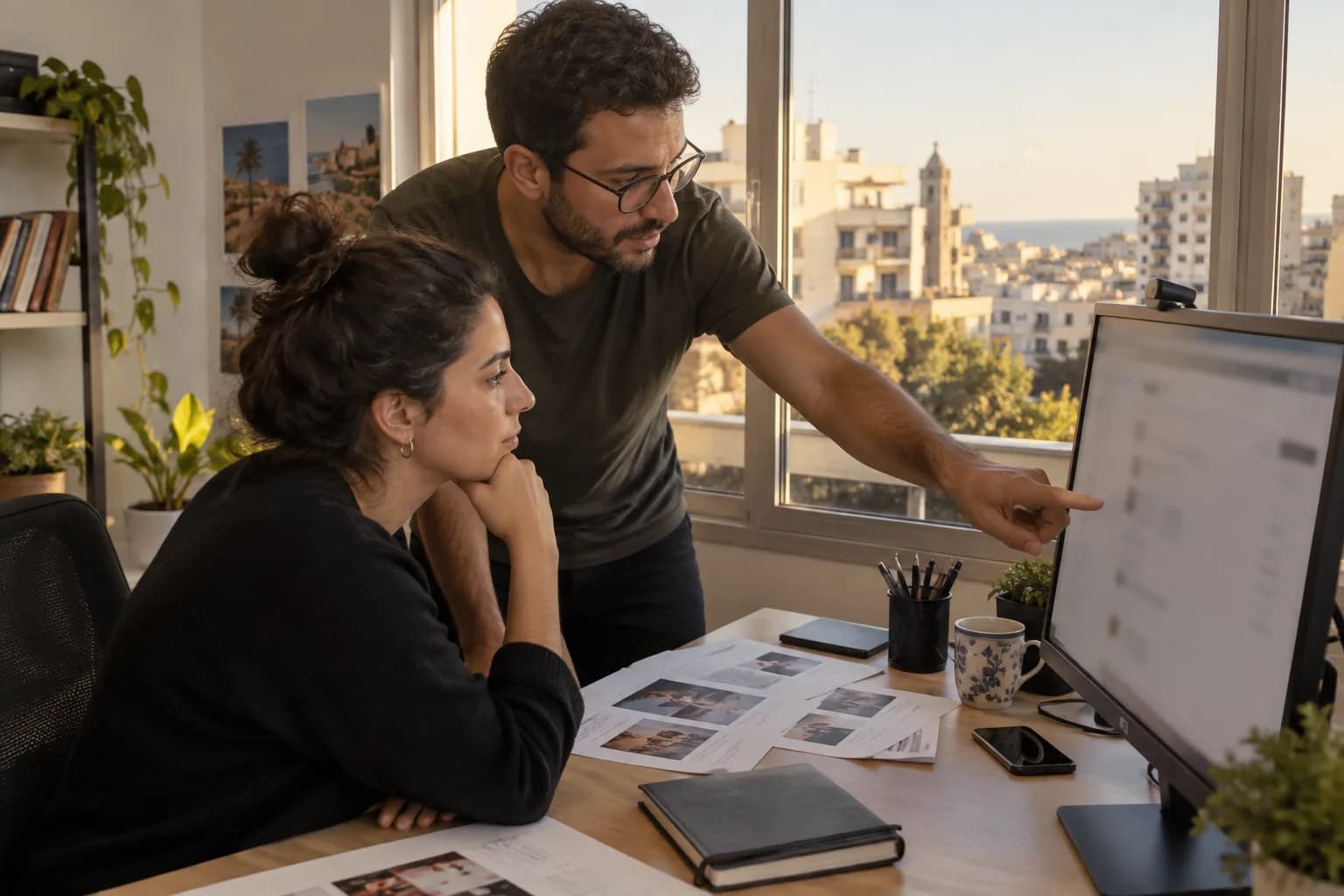 עורכת אתר ואיש תשתיות בוחנים הגדרות אתר במשרד של מערכת תוכן בתל אביב
