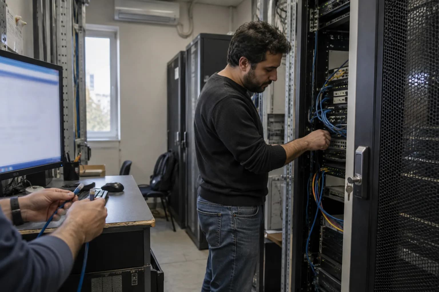 מהנדסת אבטחה בוחנת את החיבור בין עמדת פיתוח לשרת תיעוד בארון נעול בחדר שרתים