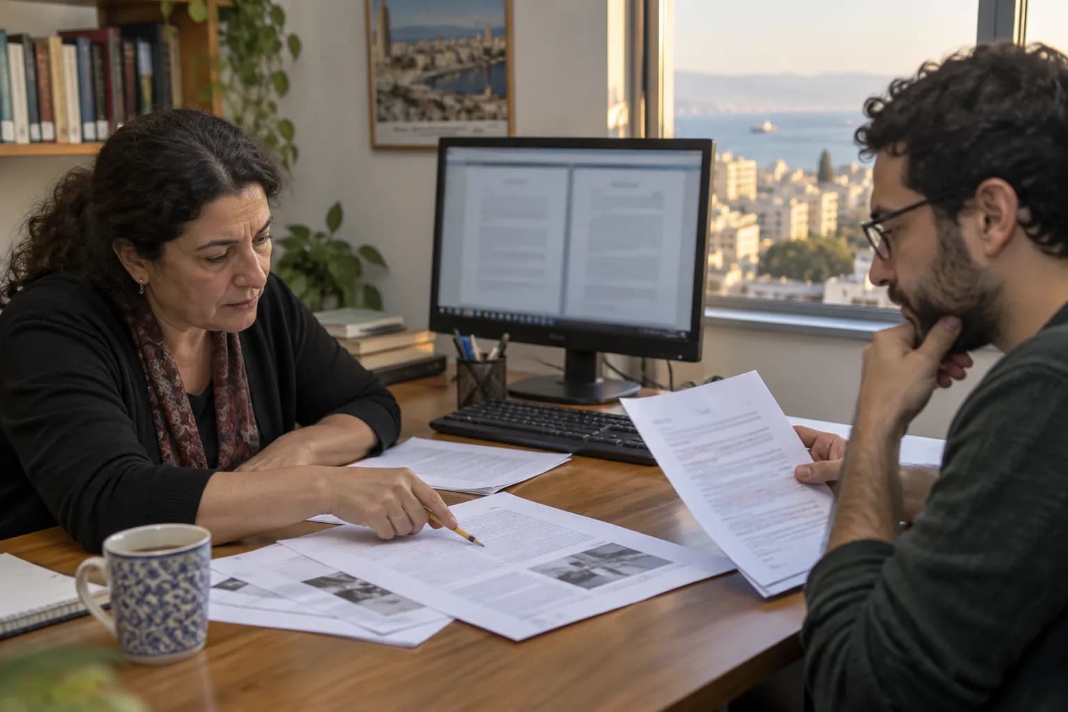 עורכי תרגום במשרד בחיפה משווים מסמכים מודפסים לתרגום על מסך מחשב
