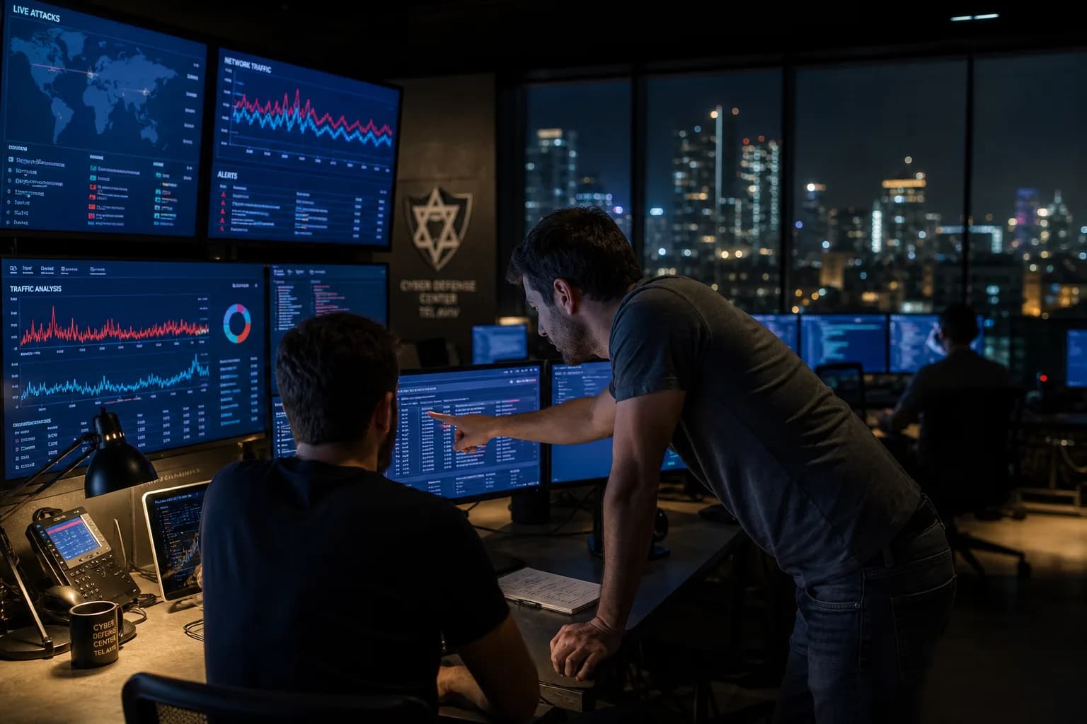 חדר בקרת אבטחת סייבר בשעת לילה עם אנליסטים מול מסכי ניטור