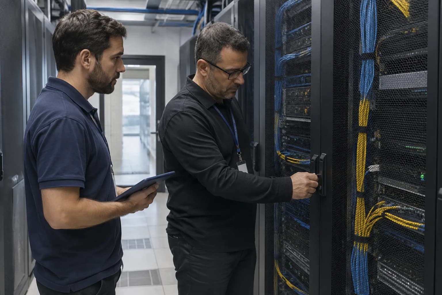 אנשי תשתיות ואבטחת מידע בודקים ארון שרתים נעול במרכז נתונים ארגוני, תמונת המחשה