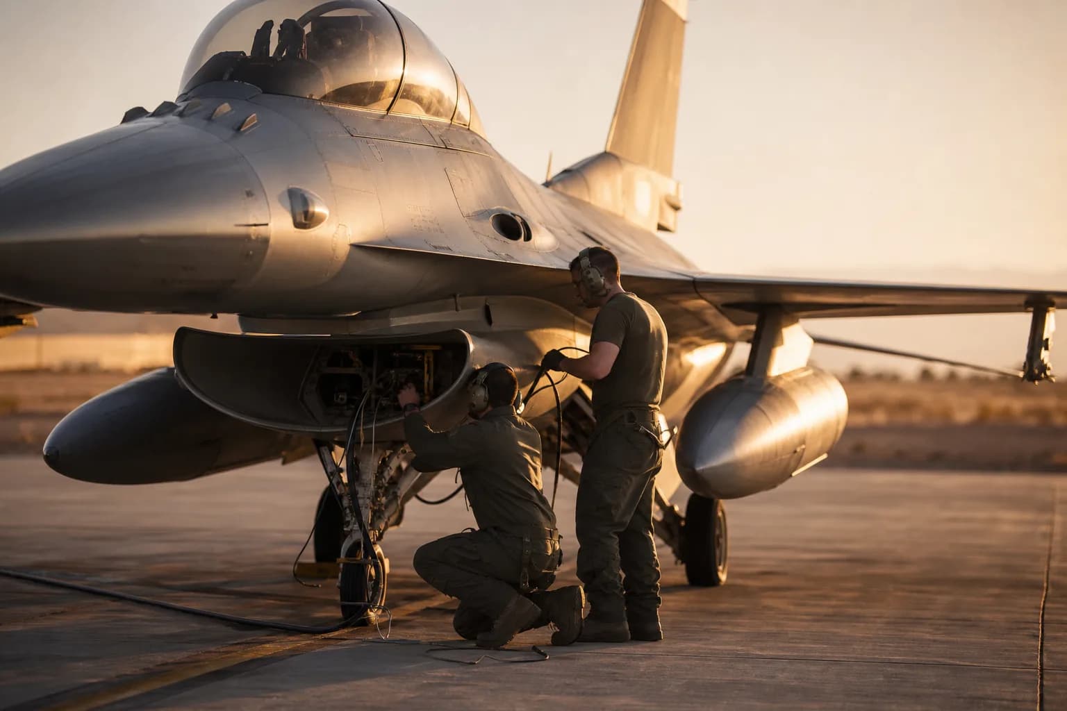 מטוס קרב F-16 על מסלול בבסיס אווירי בשעת שקיעה, כשצוות קרקע מחבר ציוד בדיקה לתא האוויוניקה