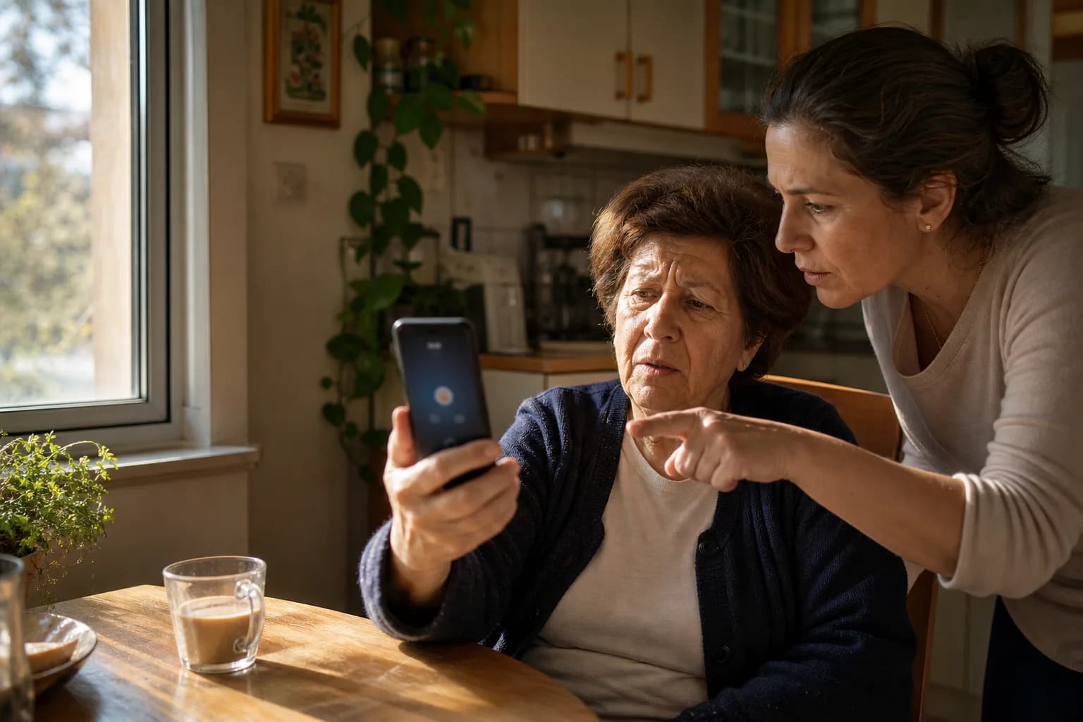 סבתא ובתה בוחנות בחשדנות שיחה נכנסת בסמארטפון במטבח ביתי