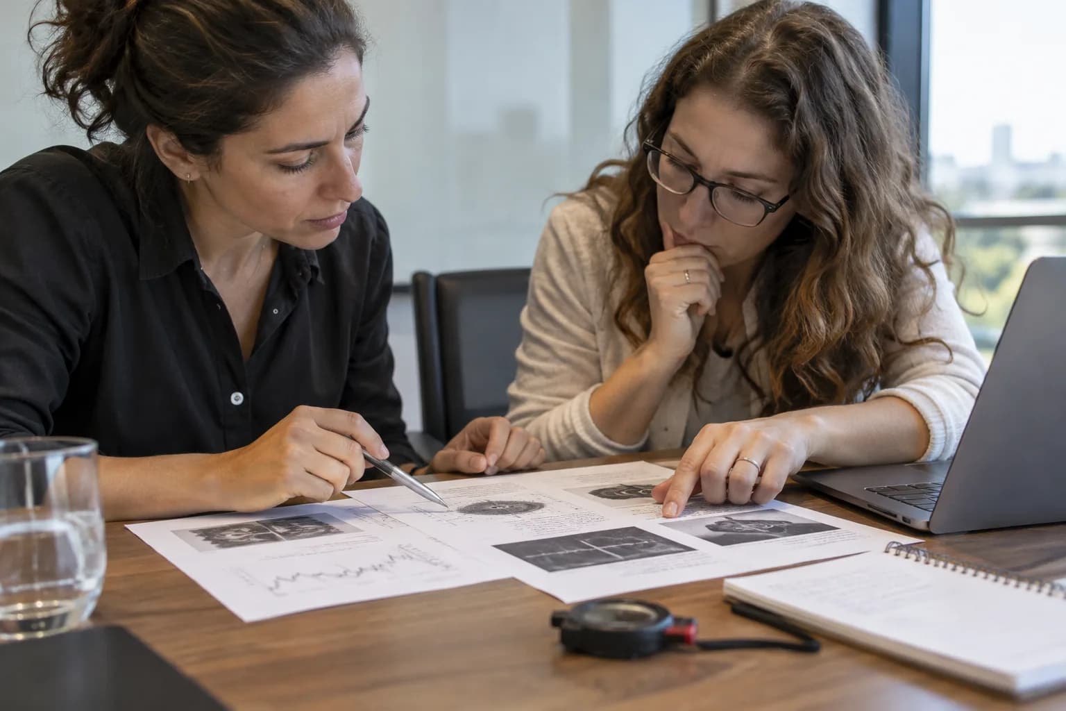 שתי מהנדסות בוחנות תוצאות ניסוי מודפסות בחדר ישיבות, לצד שעון עצר ומחשב קטן פתוח