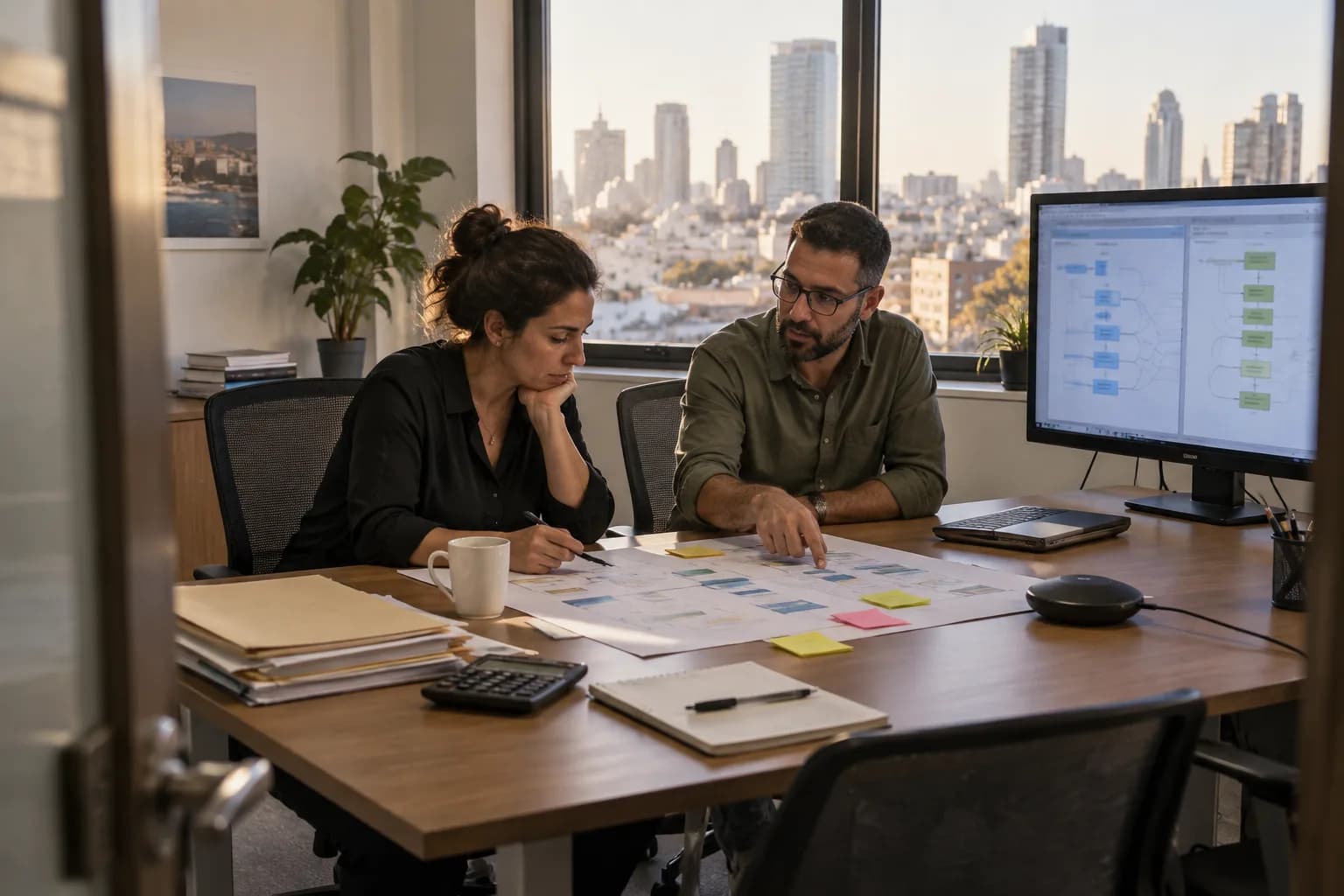מנהלת תפעול ומהנדס נתונים בוחנים תרשימי קשרים לקראת העברת מערכת לקוחות במשרד בישראל
