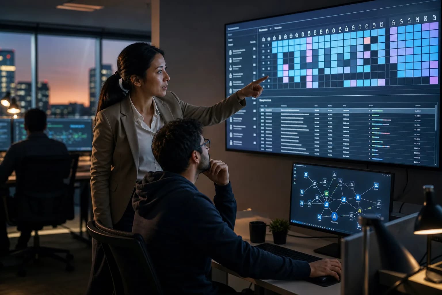 מנהלת אבטחת מידע ומהנדס DevOps בוחנים לוח בקרת הרשאות במרכז תפעול אבטחה ארגוני