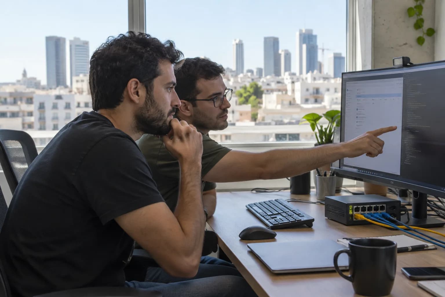 אנשי אבטחת מידע בוחנים סביבת בדיקה במשרד בתל אביב, לצד ציוד רשת ומסך יישום