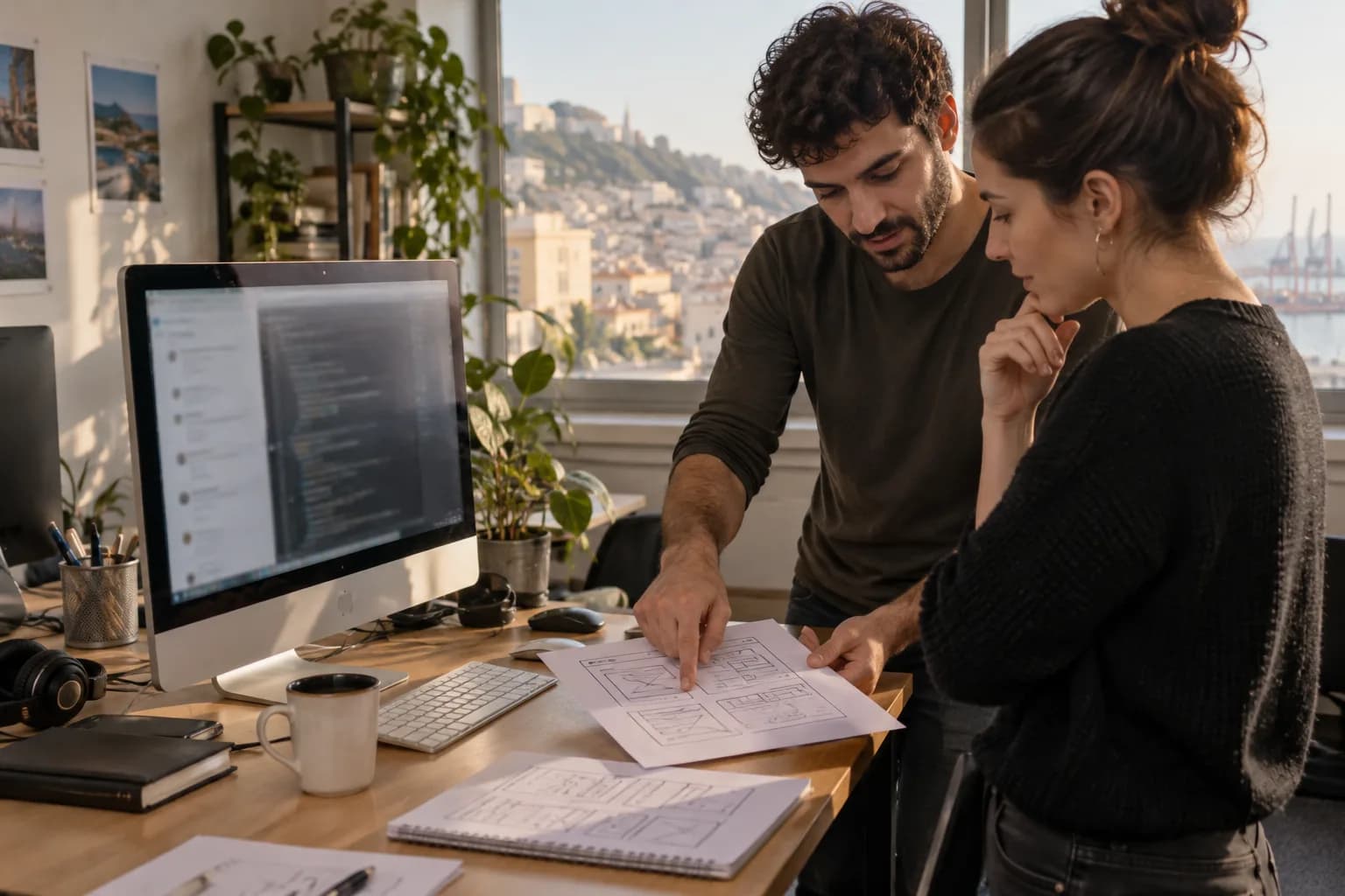 שני אנשי צוות במשרד פיתוח בחיפה בוחנים תרשים של יישום ליד מחשב המציג חלונות עבודה מטושטשים