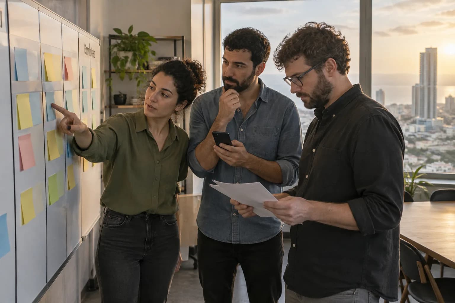 צוות במשרד בתל אביב בוחן לוח משימות פיזי לצד טלפון, במהלך דיון על תהליך העבודה