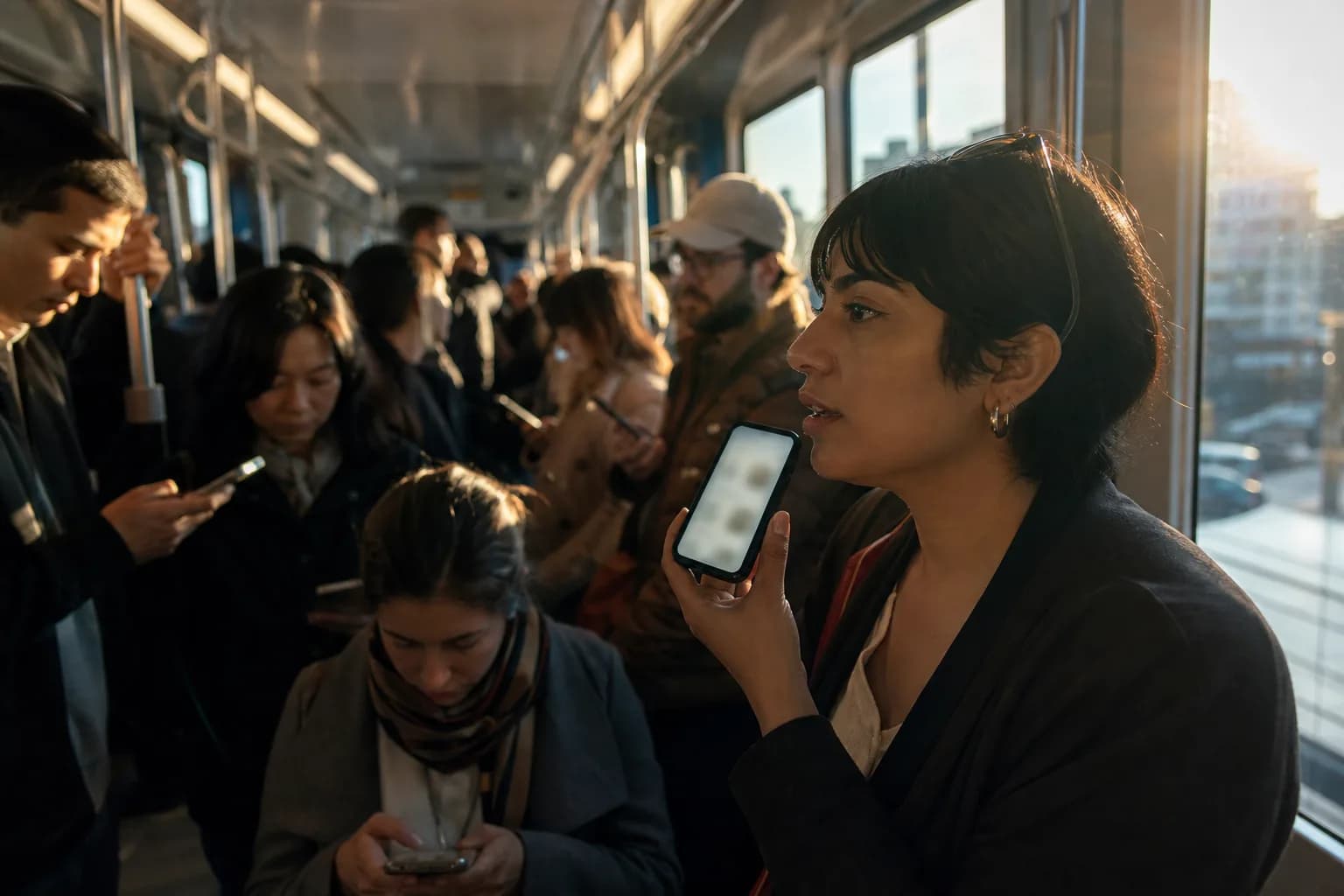 נוסעים ברכבת קלה משוחחים עם הסמארטפונים שלהם בדרך לעבודה
