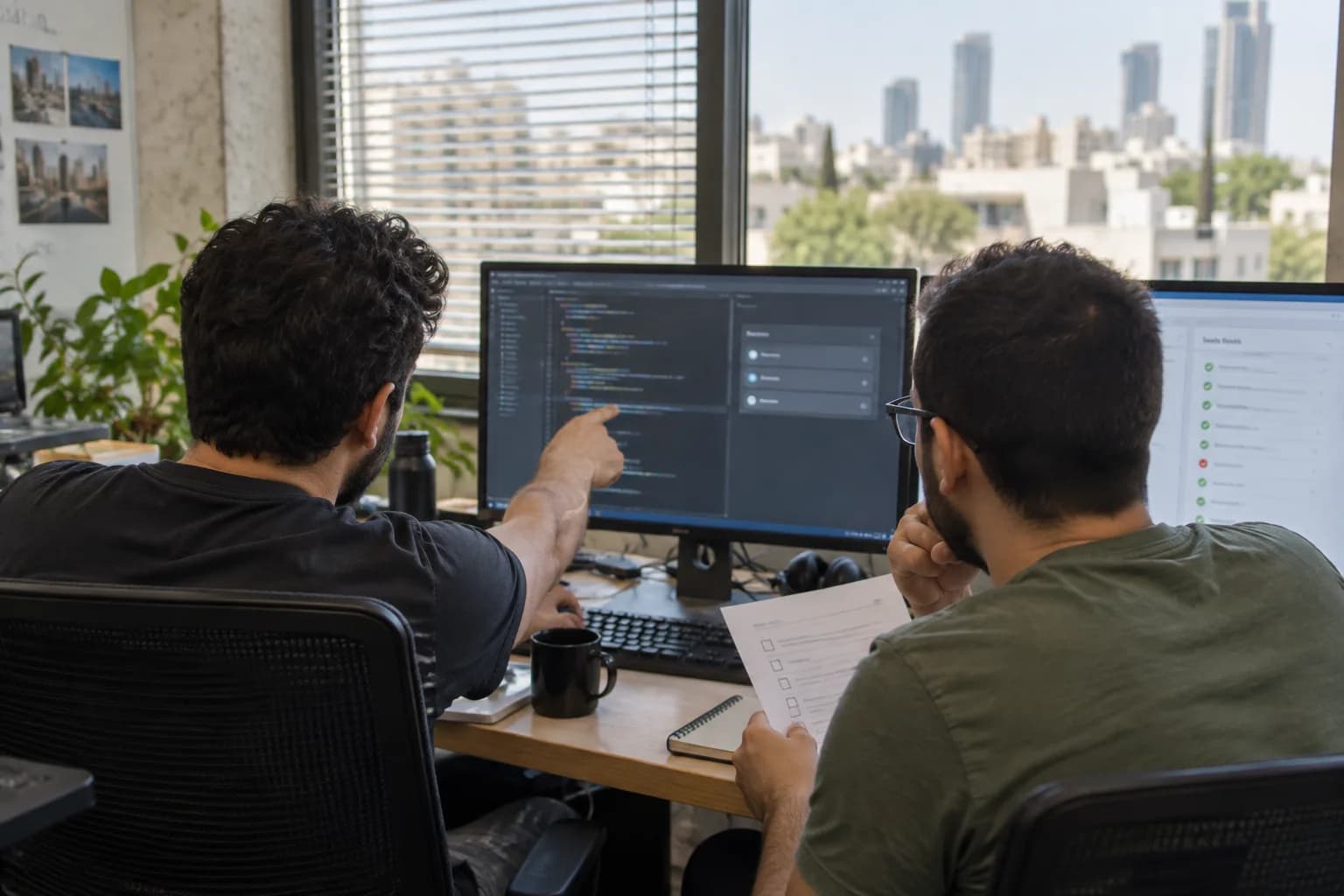שני מפתחים במשרד בתל אביב בוחנים הגדרות כלי פיתוח לצד קוד ותוצאות בדיקה