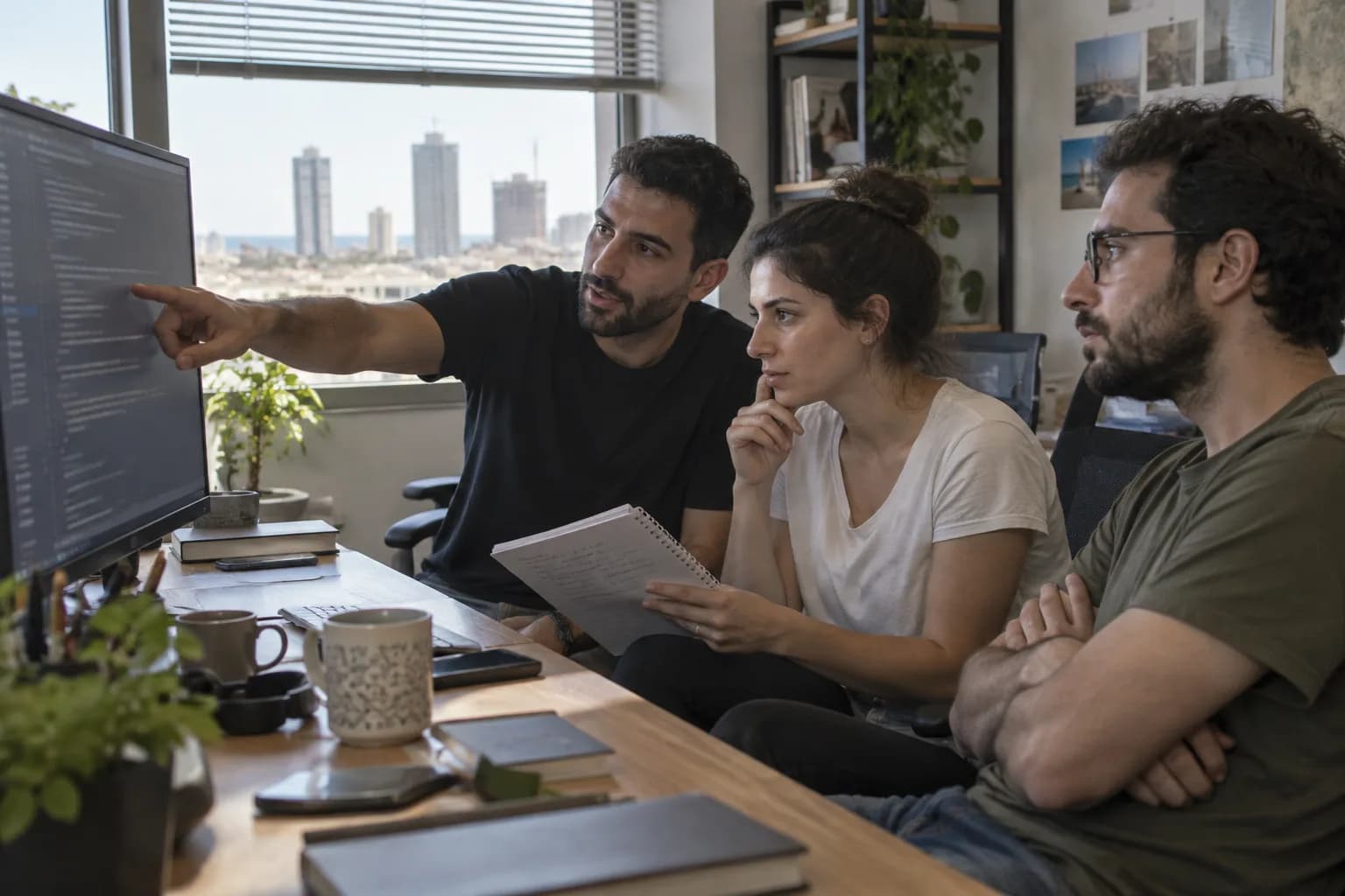 צוות פיתוח במשרד בתל אביב בוחן שינוי קוד על מסך ומשווה אותו להערות סקירה על נייר