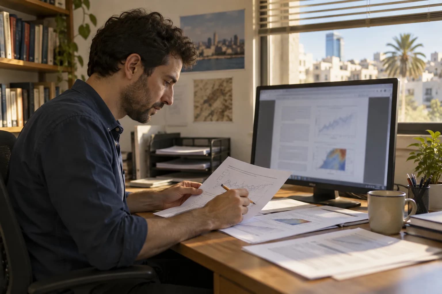 חוקרת במשרד אקדמי משווה מאמר מודפס למסמך PDF על מסך ומסמנת גרף בעיפרון