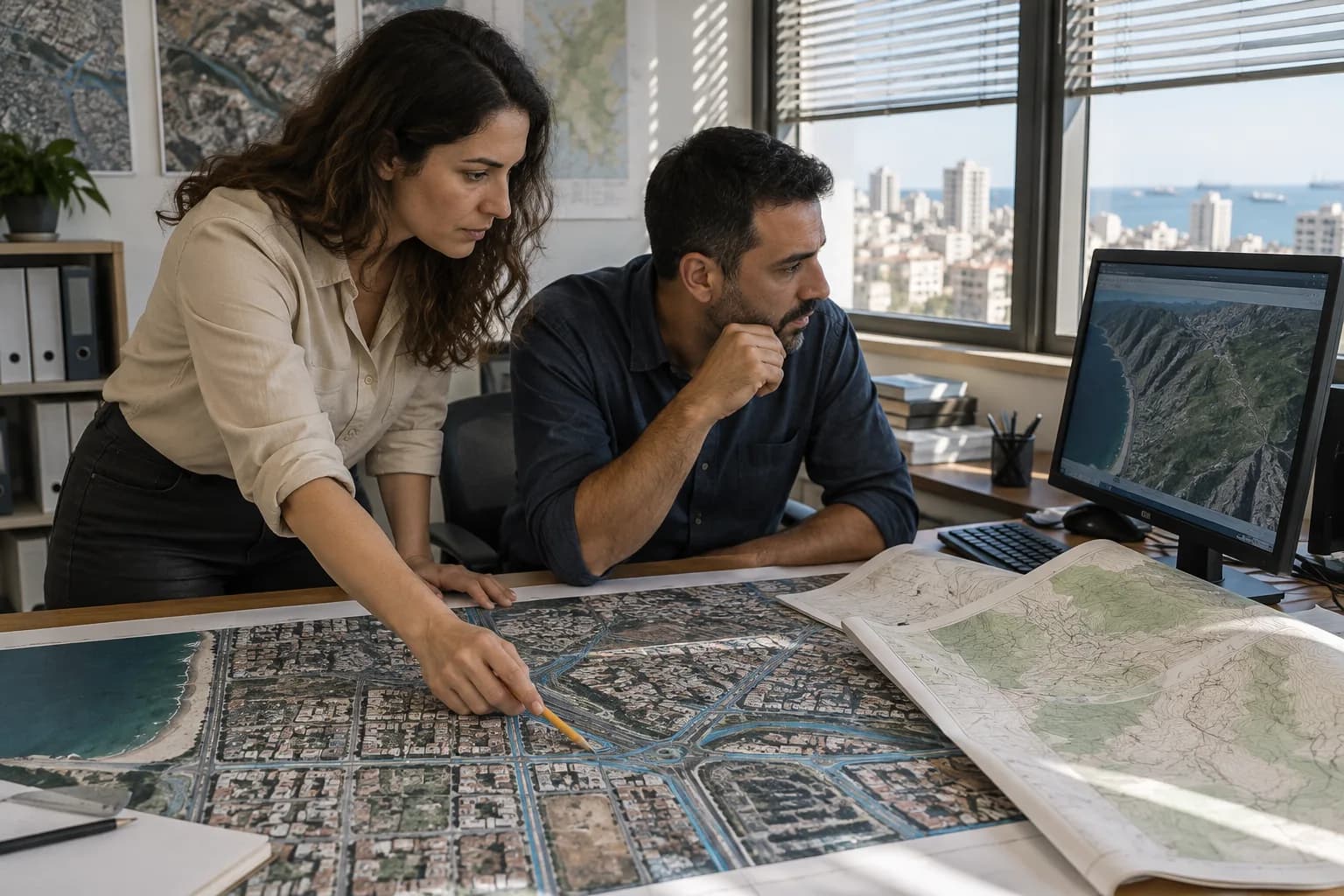 אנשי תכנון במשרד מיפוי עירוני משווים צילום אוויר למפת ניקוז של אזור בנוי