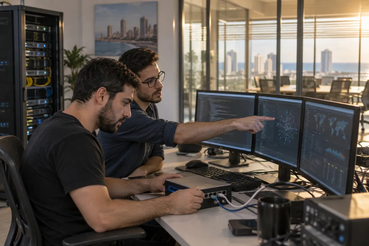 חוקרי סייבר בוחנים קוד ותעבורת רשת במעבדה עם ציוד בדיקה מבודד
