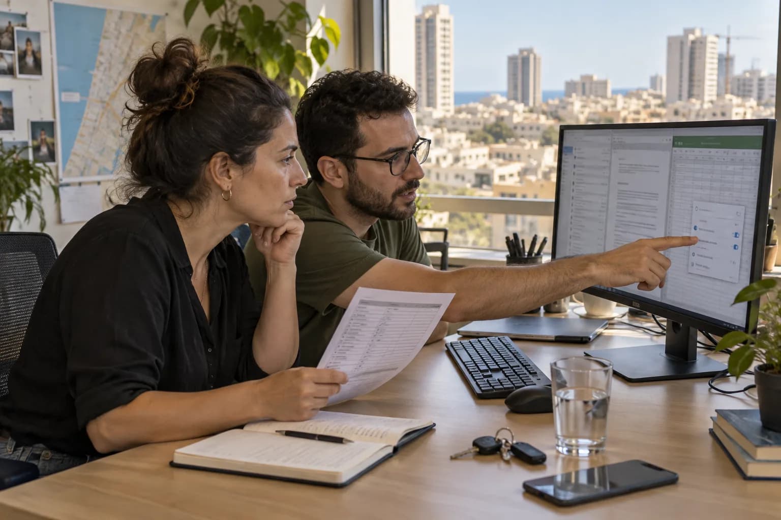 מנהלת תפעול ואיש מחשוב בוחנים סביבת עבודה משרדית על מסך במשרד בתל אביב