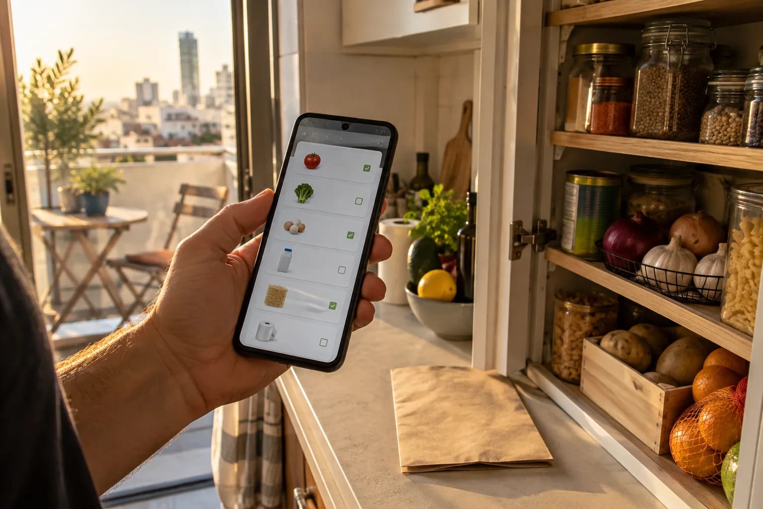 יד אוחזת בטלפון Android ליד מזווה ביתי, להמחשת שימוש באפליקציית מלאי אישית