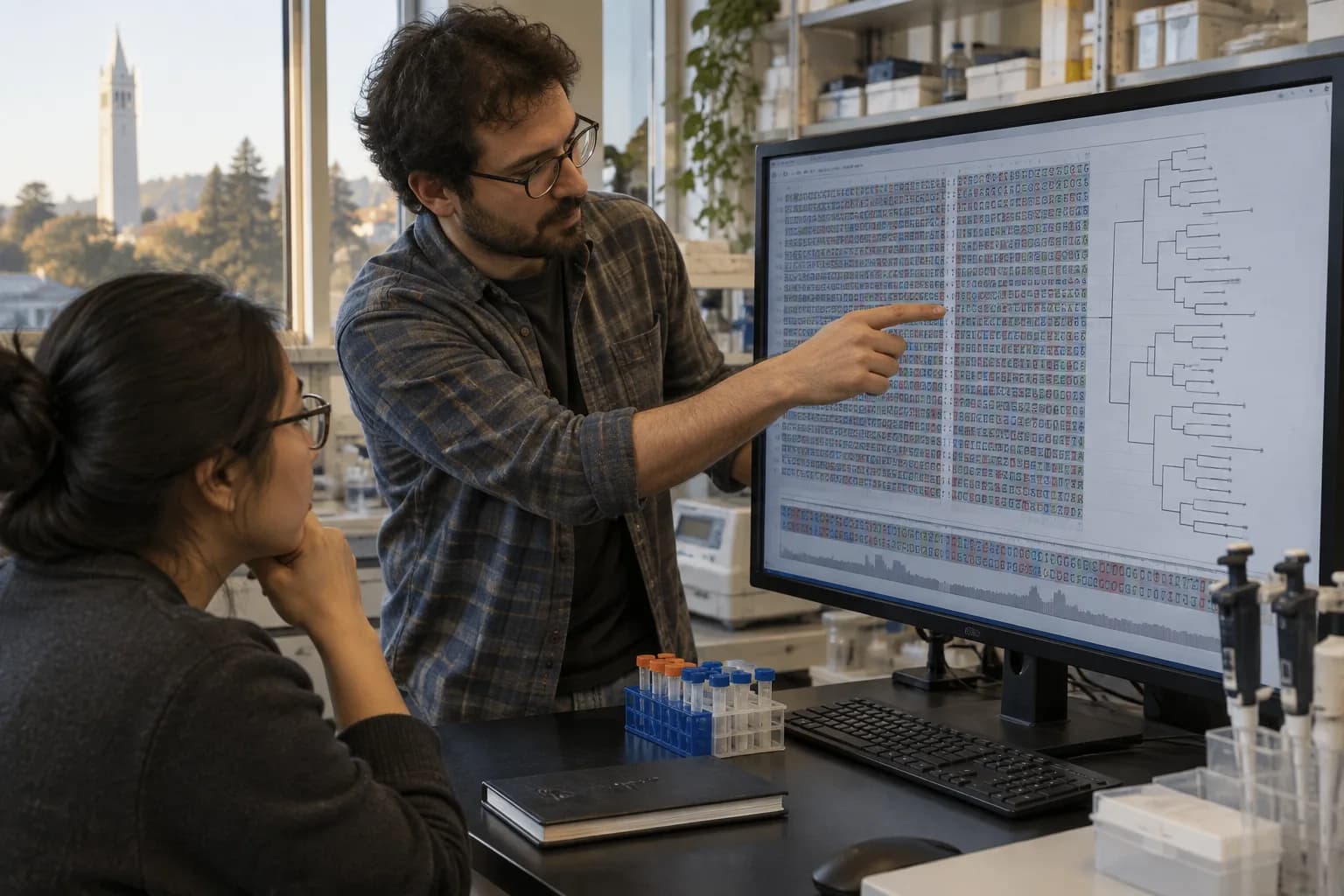 חוקרים במעבדת גנומיקה משווים רצפי DNA ועץ קרבה אבולוציונית על מסך