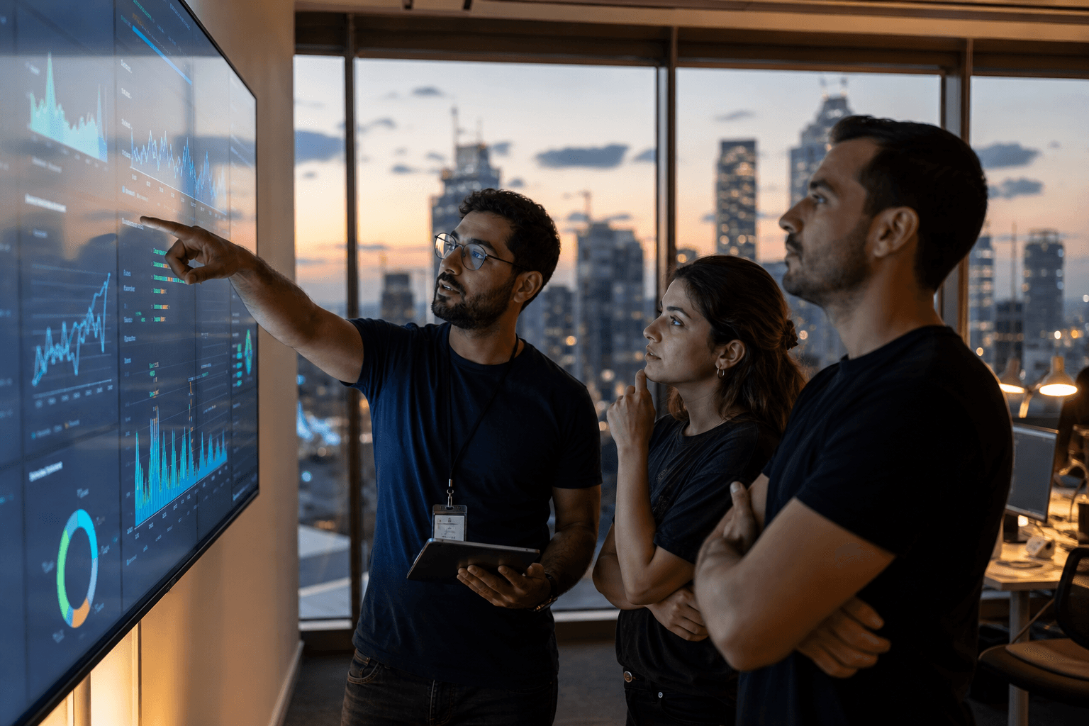 צוות מהנדסים בחדר בקרה בוחן גרפים של ביצועי API על מסך גדול במשרד בתל אביב