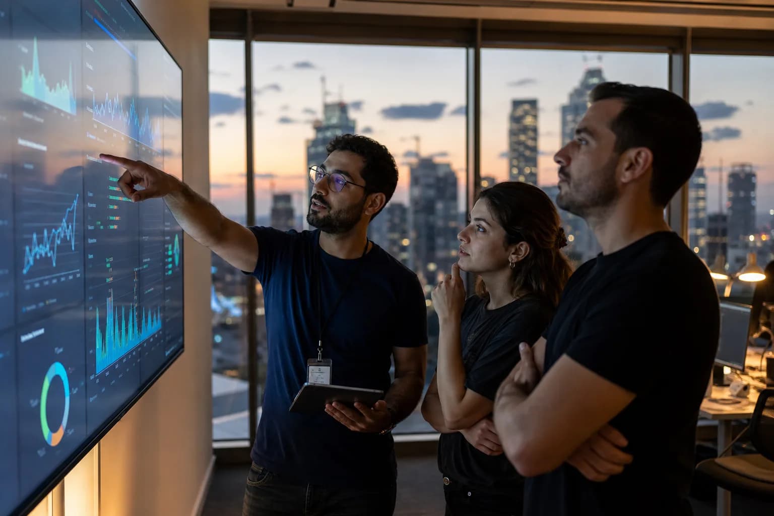 צוות מהנדסים בחדר בקרה בוחן גרפים של ביצועי API על מסך גדול במשרד בתל אביב