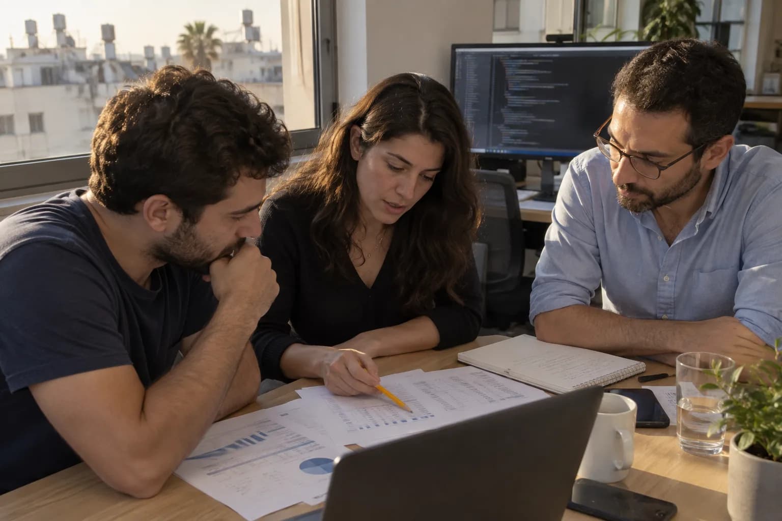 צוות פיתוח ואחראית כספים בוחנים דפי עלויות סביב שולחן במשרד בתל אביב