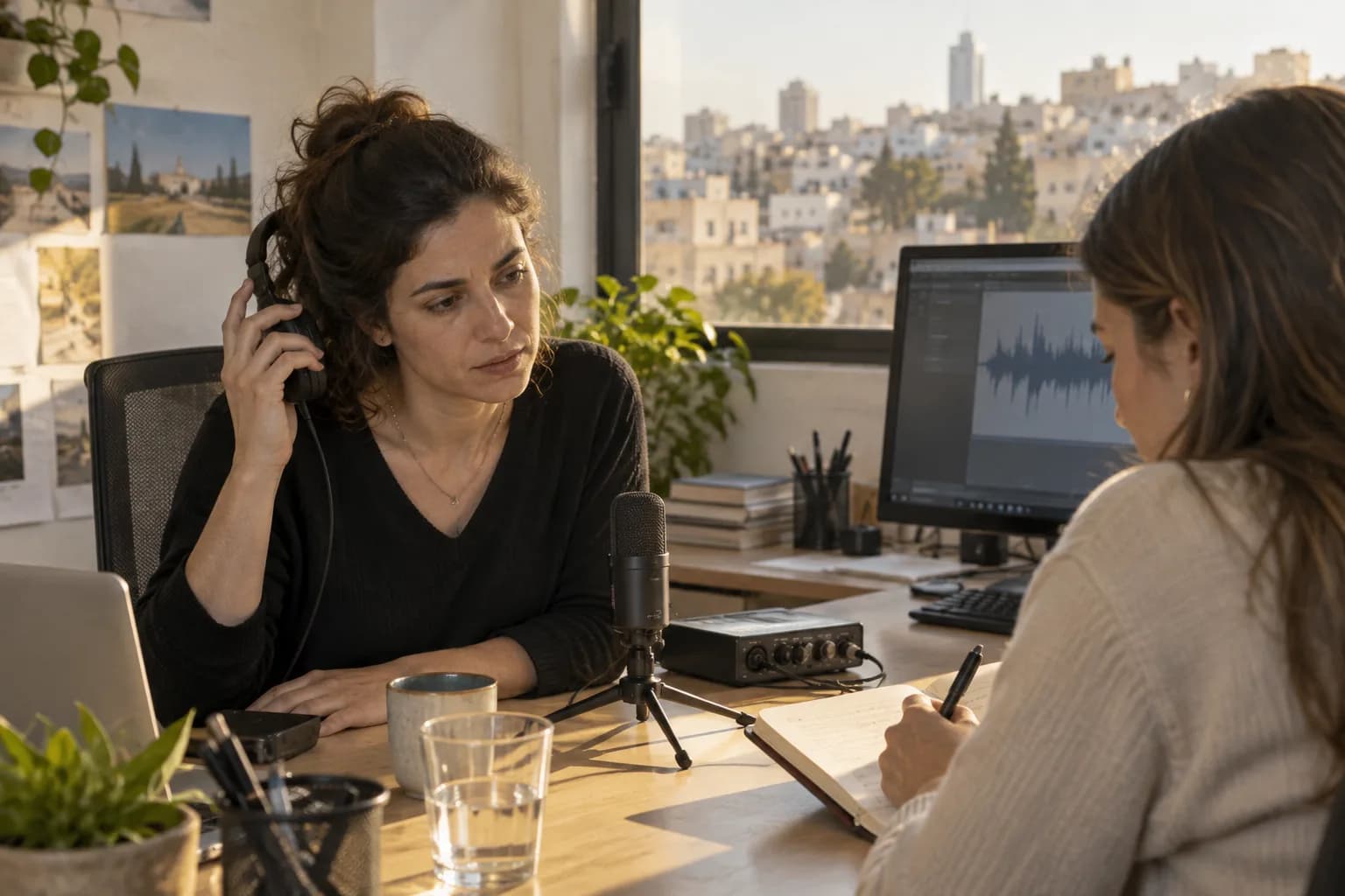 צוות במשרד שירות לקוחות מאזין באוזניות לקול סינתטי ומתעד הערות לבדיקה