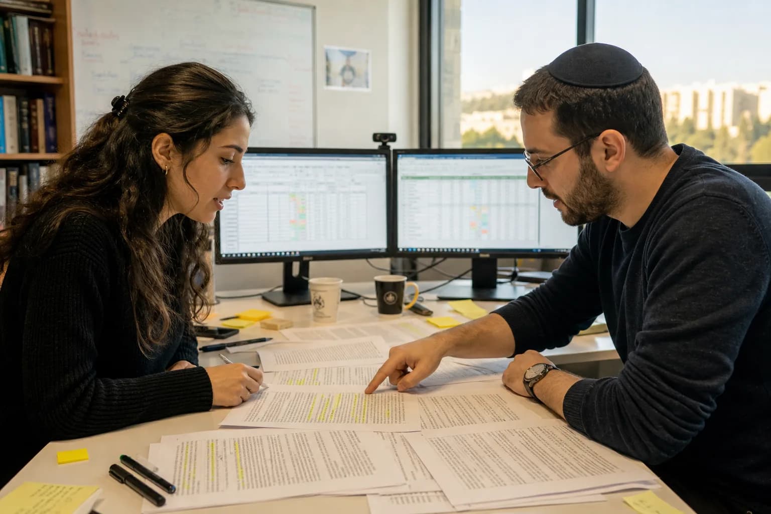 חוקרים במעבדת NLP בוחנים דפי טקסט בעברית מודפסים ליד מסכי מחשב עם טבלאות הערכה