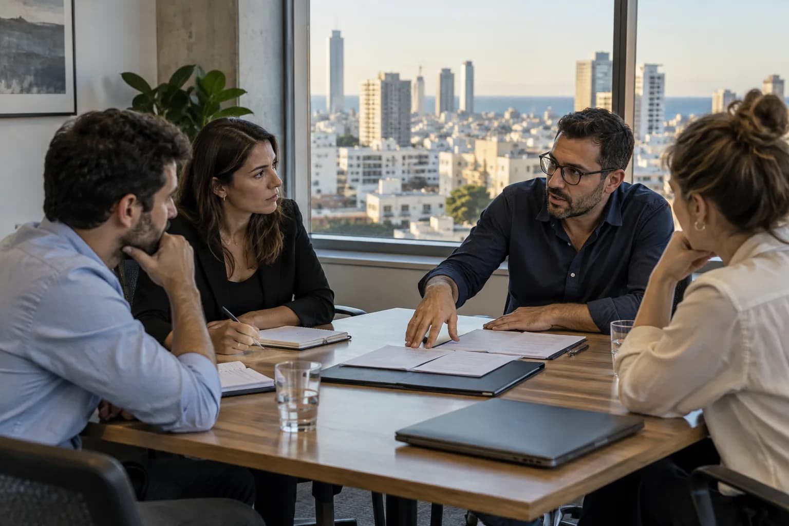 דיון מדיניות בחדר ישיבות בתל אביב, עם תיקי עבודה על השולחן ונוף עירוני בחלון