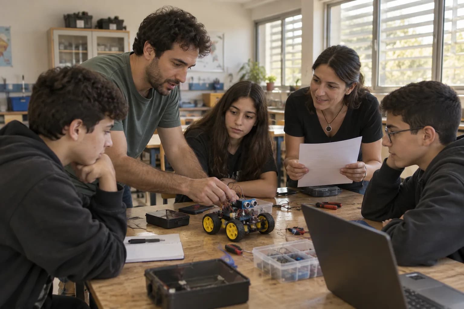 מורה, תלמידים וחונך טכנולוגי סביב פרויקט אלקטרוניקה בכיתת לימוד, המחשה לחונכות בבתי ספר