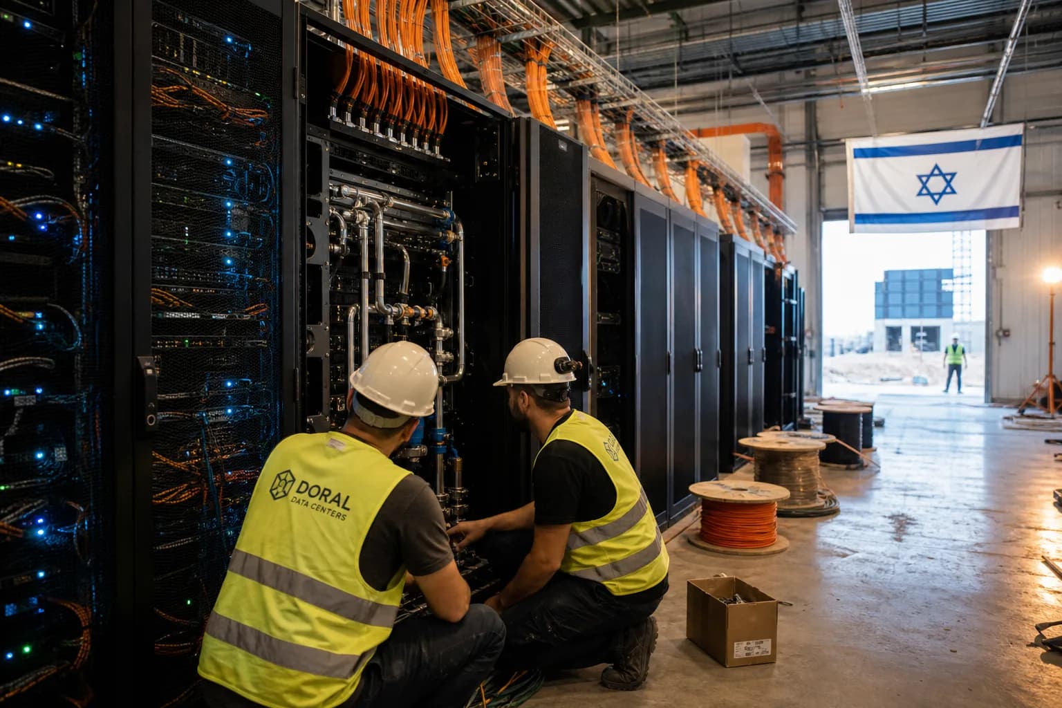 טכנאים מתקינים ארונות שרתים במרכז נתונים חדש ל-AI בישראל