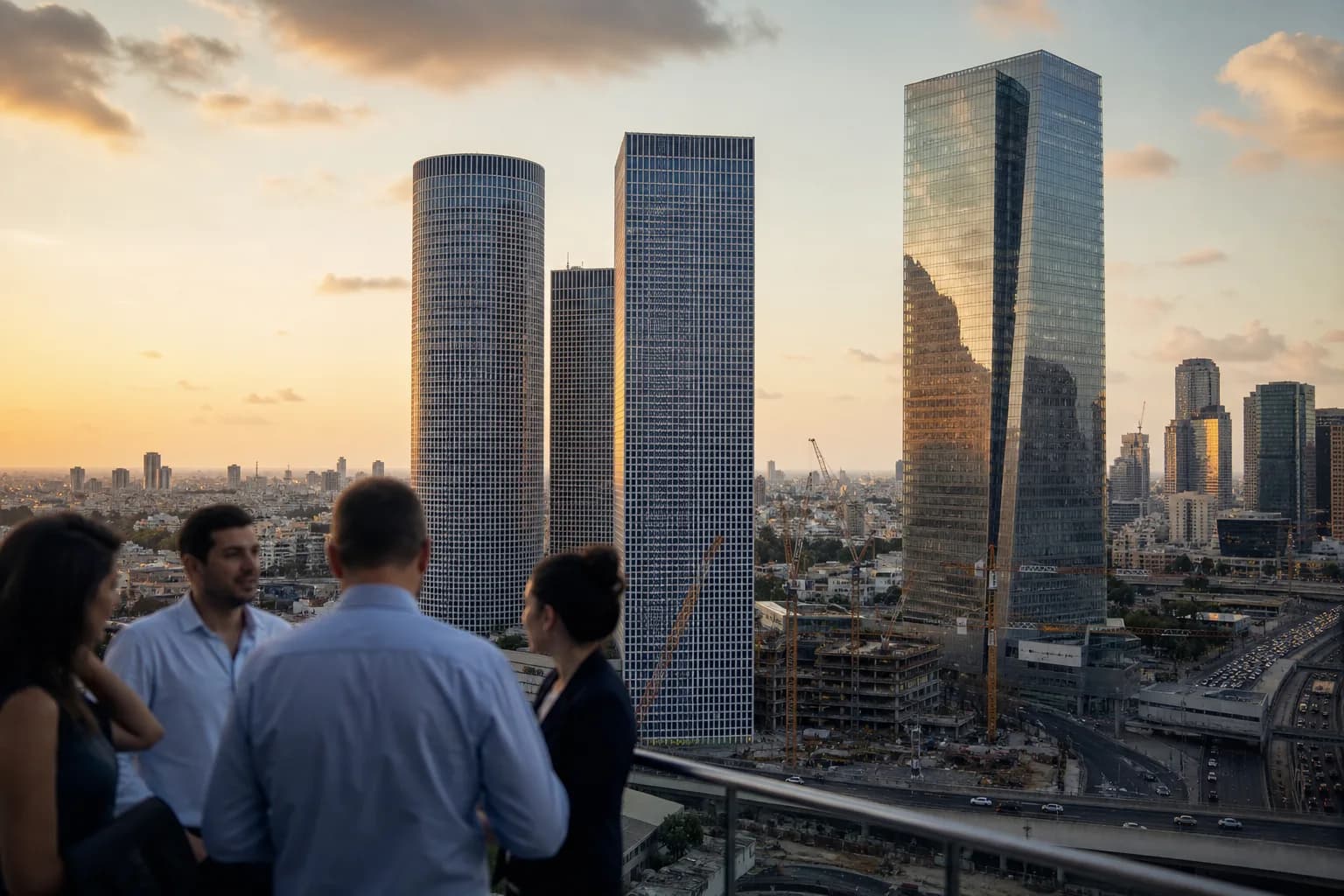 קו הרקיע של מתחם ההייטק בתל אביב בשעת שקיעה, עם מנופי בנייה בין המגדלים