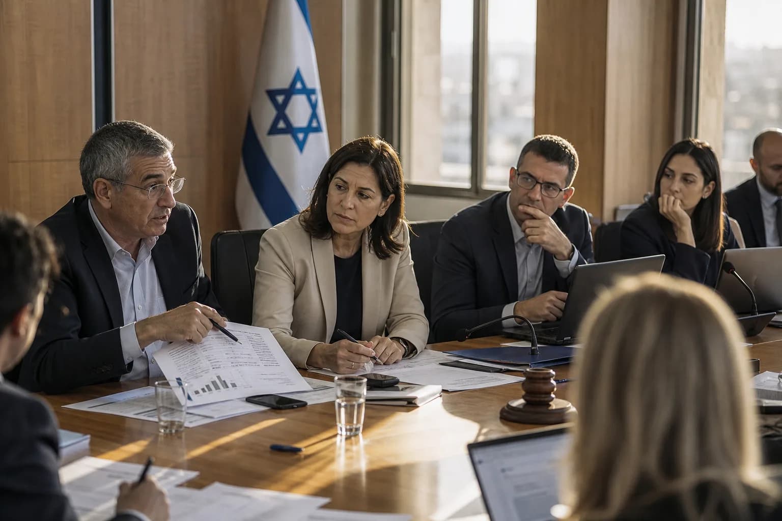 דיון בוועדה ממשלתית בירושלים על הסדרת בינה מלאכותית, מסמכי מדיניות ומחשבים ניידים על השולחן