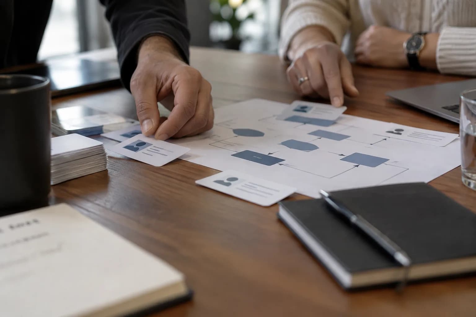 תקריב של ידיים המסדרות תרשים תהליך מודפס וכרטיסי הרשאה על שולחן ישיבות