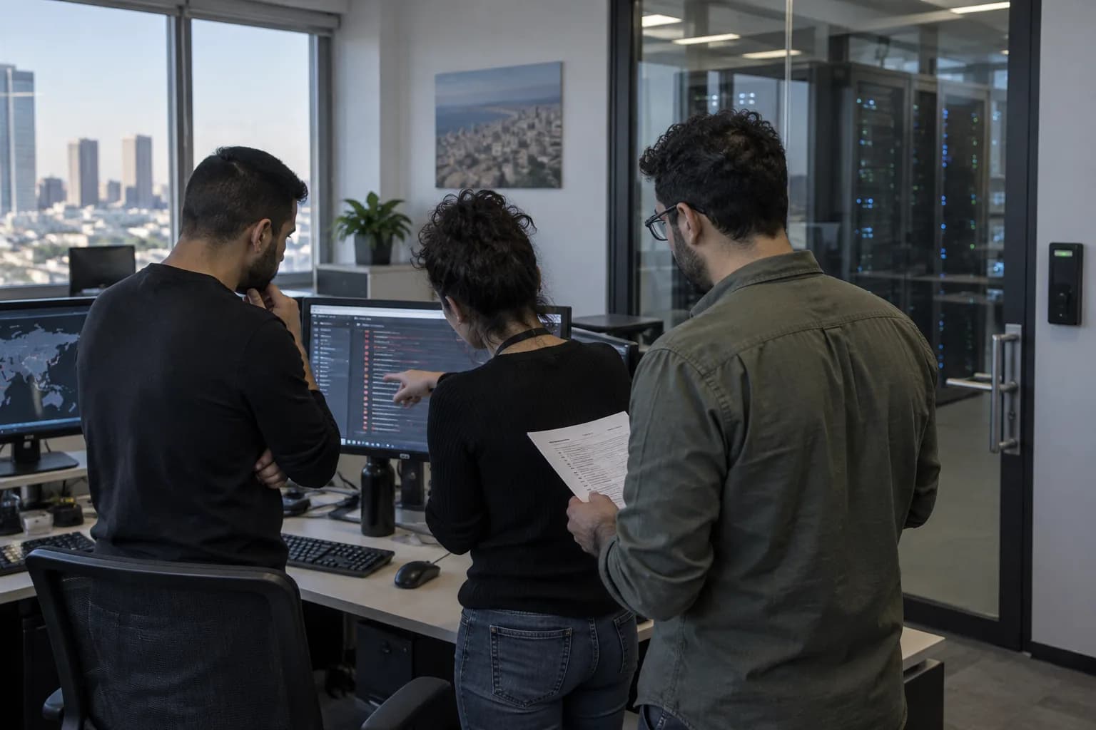 אנשי אבטחת מידע בחדר בקרה בוחנים התראה לצד רשימת בדיקה לפני פעולה