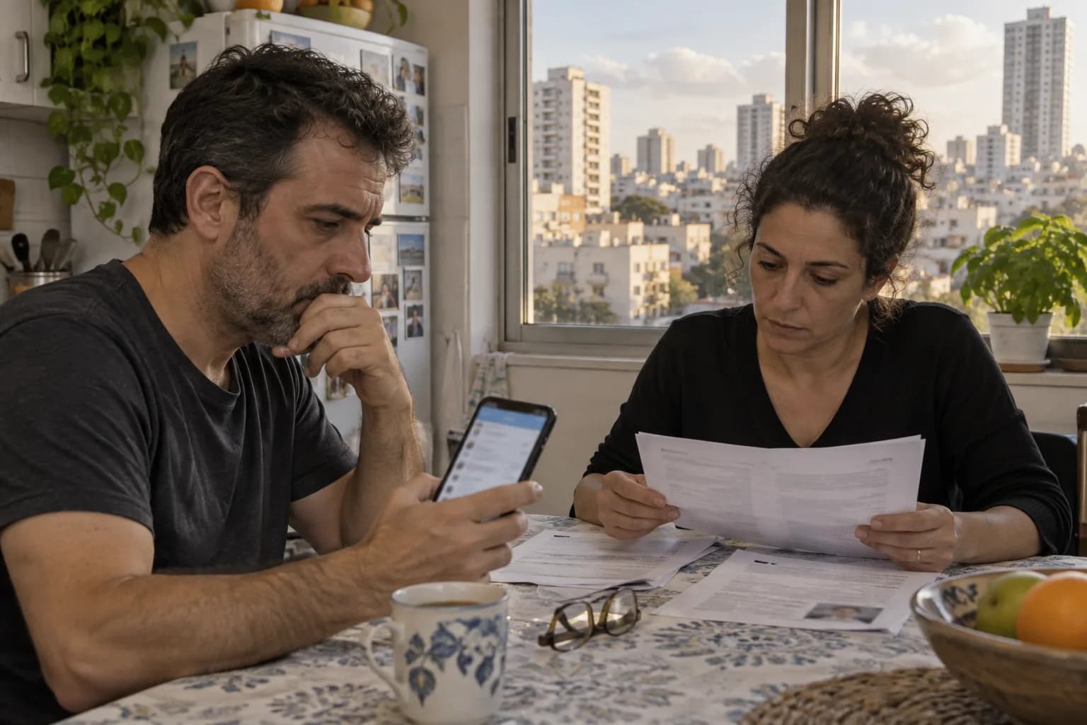 שני תושבים ליד שולחן מטבח בישראל משווים תשובה בטלפון למסמכים מודפסים