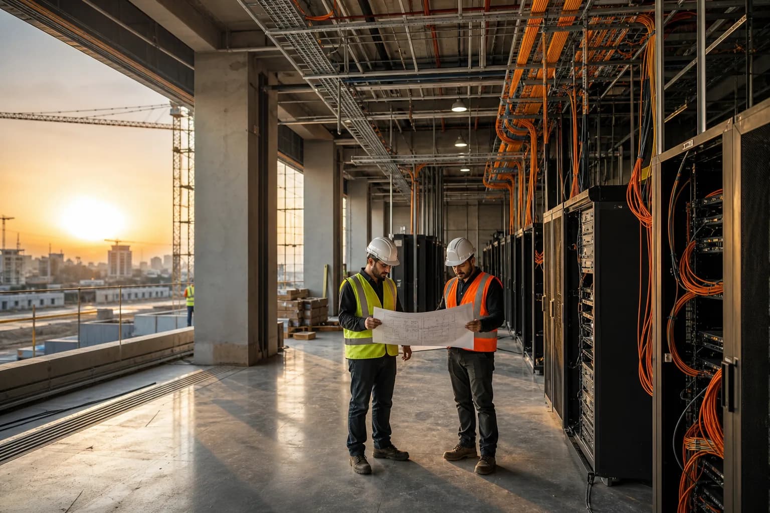 מרכז נתונים בהקמה בישראל עם שורות ארונות שרתים ומהנדסים מעיינים בתוכניות