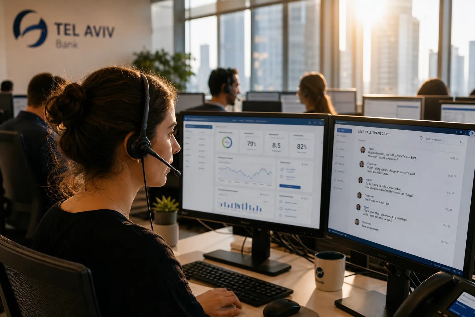 נציגת שירות במוקד בנקאי בישראל עוקבת אחרי תמלול שיחה חיה על המסך