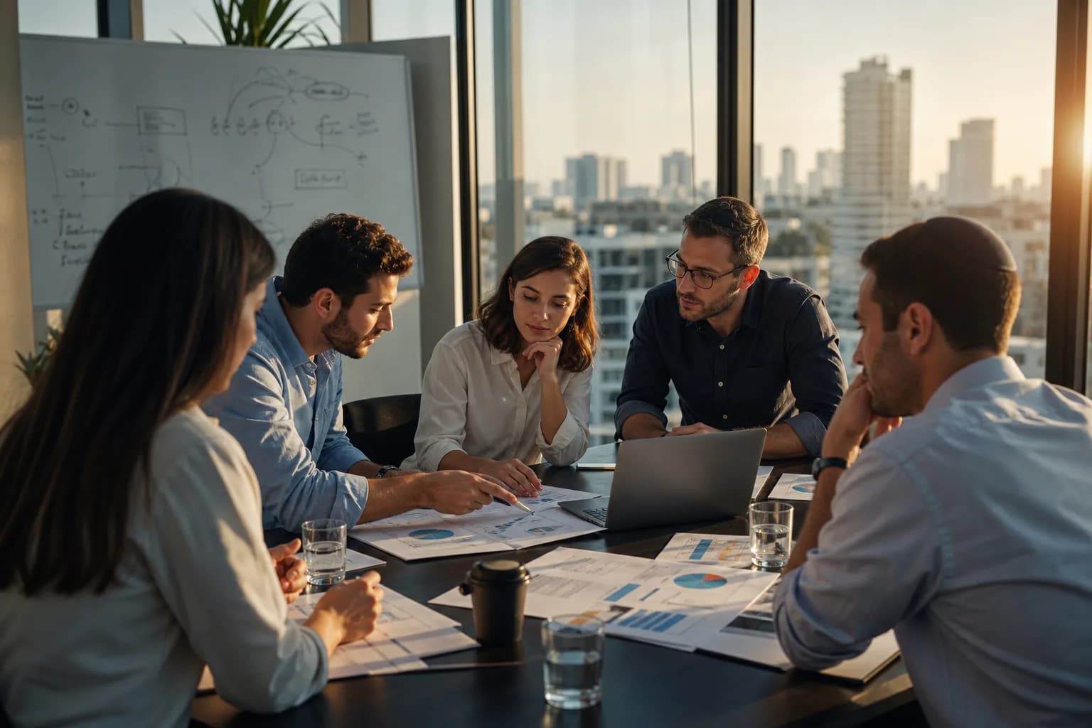 צוות סטארטאפ פינטק ישראלי בישיבת עבודה במשרד בתל אביב על רקע קו הרקיע של העיר