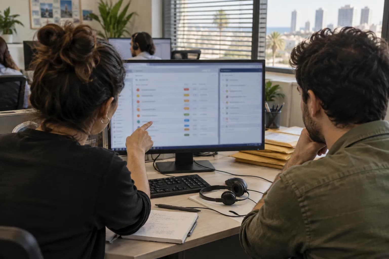 נציגת שירות ומפתח בוחנים תור פניות לבדיקה אנושית במשרד שירות בישראל