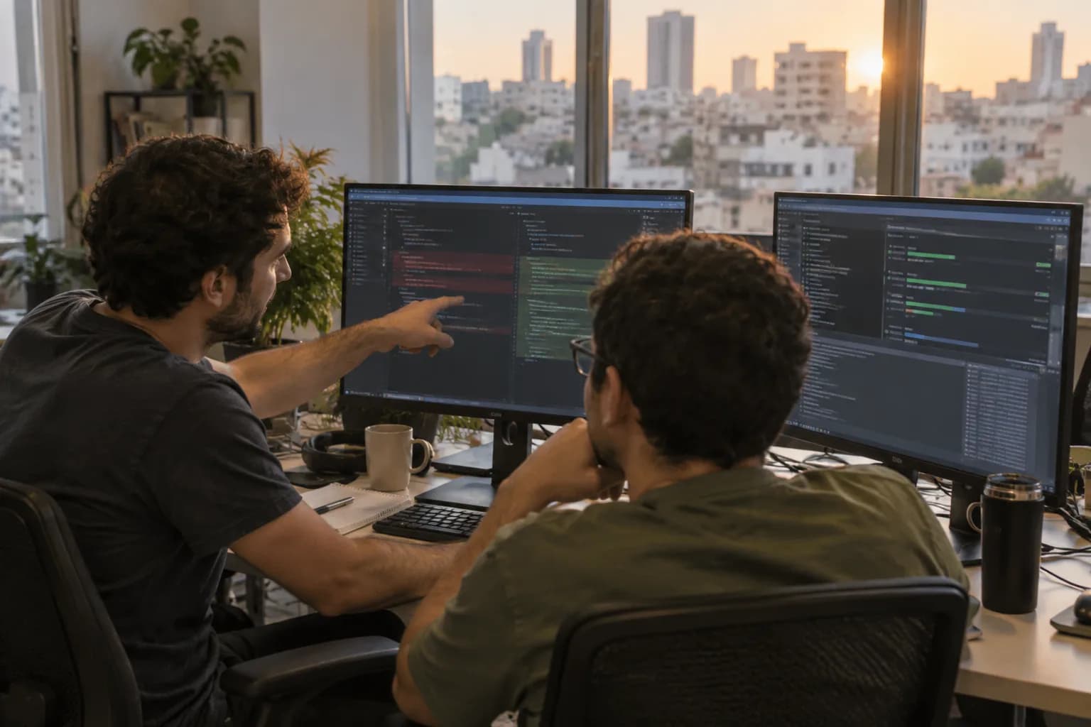 שני מפתחים במשרד בתל אביב בוחנים שינויי קוד ותוצאות בדיקות על מסכים סמוכים