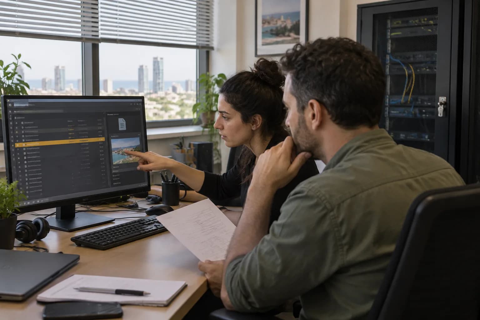 אנשי אבטחת מידע במשרד בתל אביב בודקים העברת קובץ יוצאת מול מסך ניטור