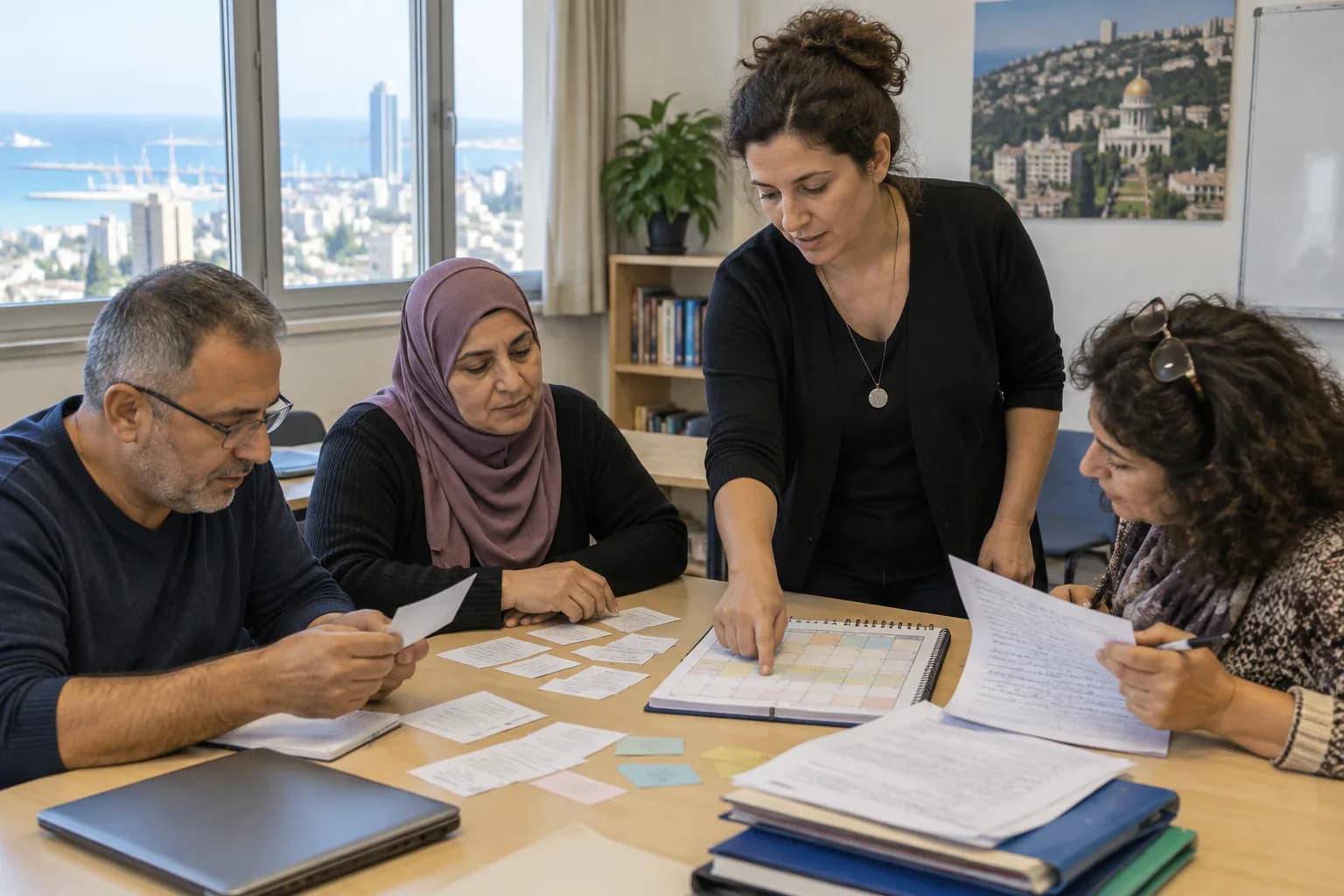 לומדים בכיתה בחיפה מסדרים משימות תרגול לצד לוח חודשי ודפים עם תיקונים