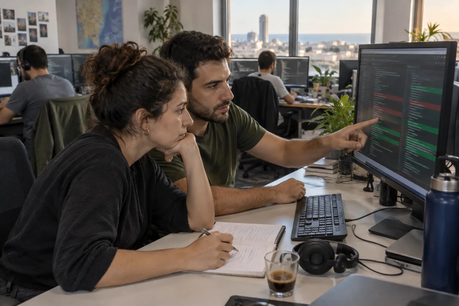 שני מפתחי תוכנה בוחנים שינויי קוד על מסך משותף במשרד ישראלי