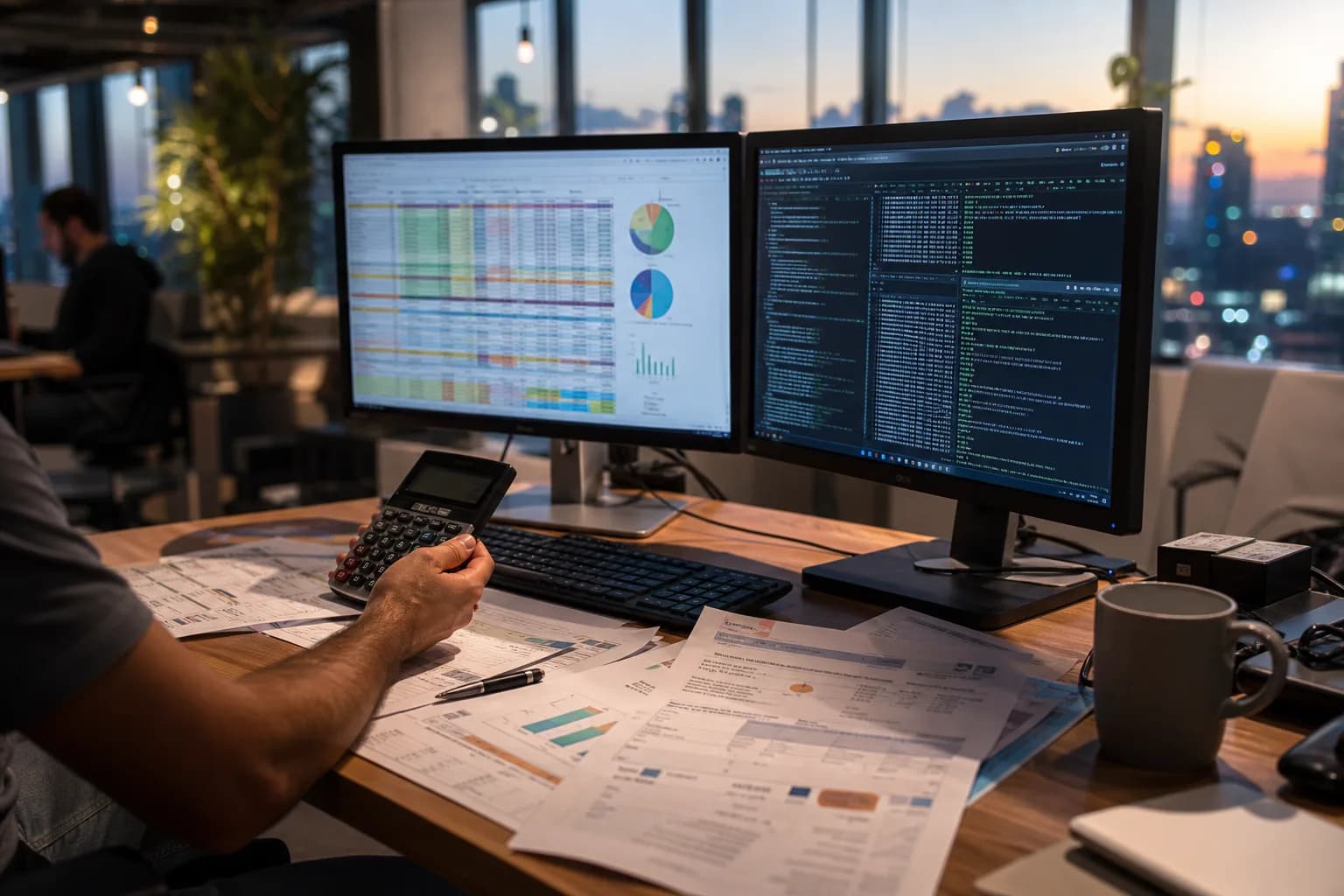 מפתח בוחן דוחות עלויות API על שני מסכים במשרד סטארטאפ, לצד מחשבון ותדפיסי חיוב