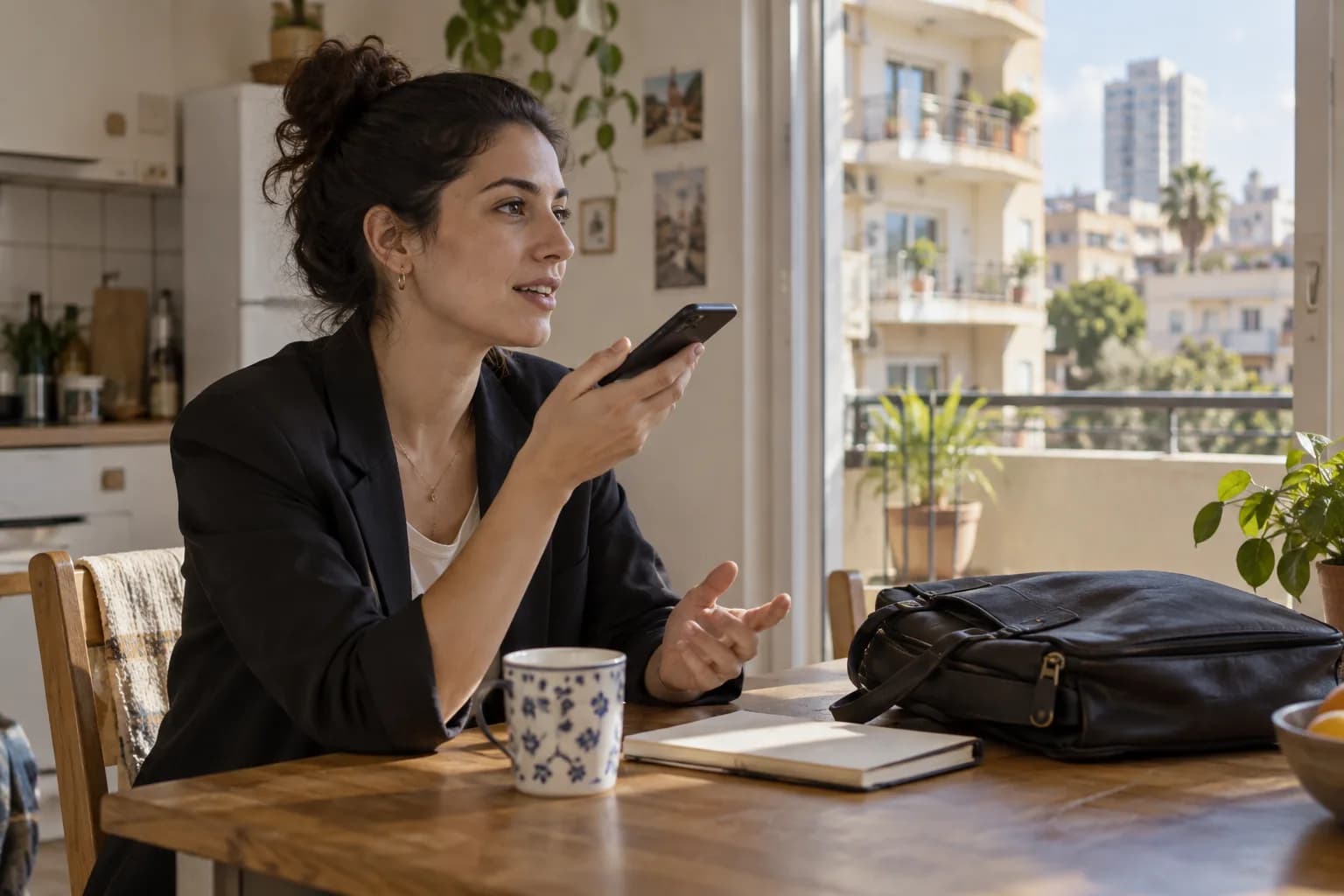 איש מקצוע מתרגל דיבור מול טלפון ליד שולחן במטבח בדירה תל אביבית, לפני היציאה לעבודה