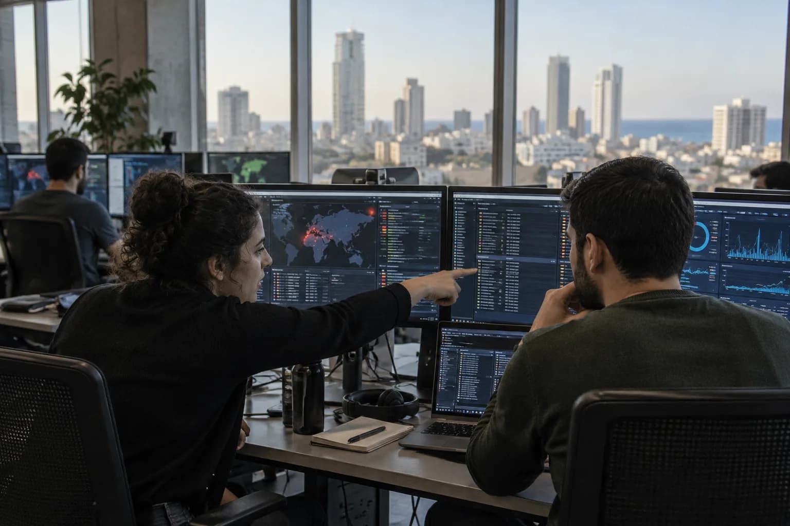 אנליסטים במרכז תפעול אבטחה בתל אביב בוחנים אירוע בכמה מסכי ניטור נפרדים