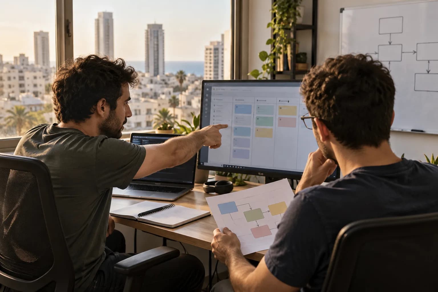 מפתחים במשרד בתל אביב בוחנים על מסך רצף משימות של סוכן AI לצד תרשים עבודה מודפס